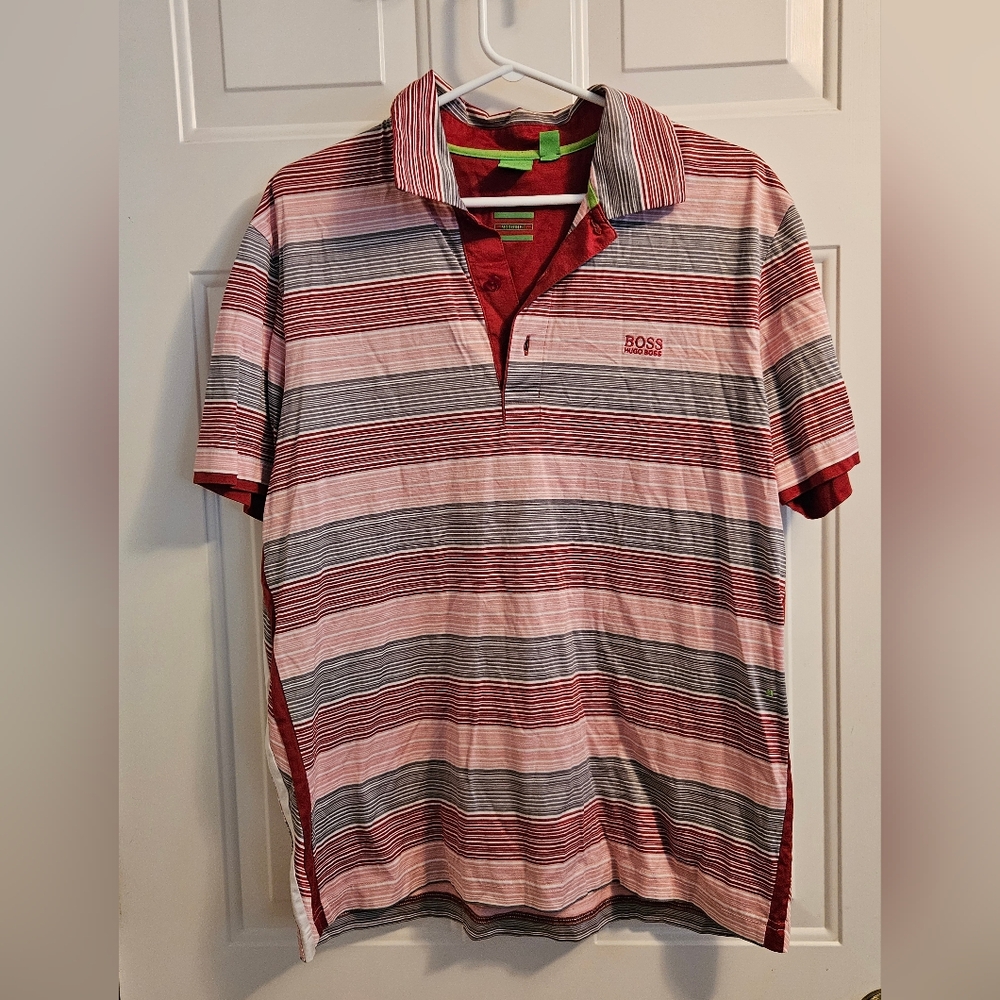Boss Men's Polo with Red and Gray Stripes